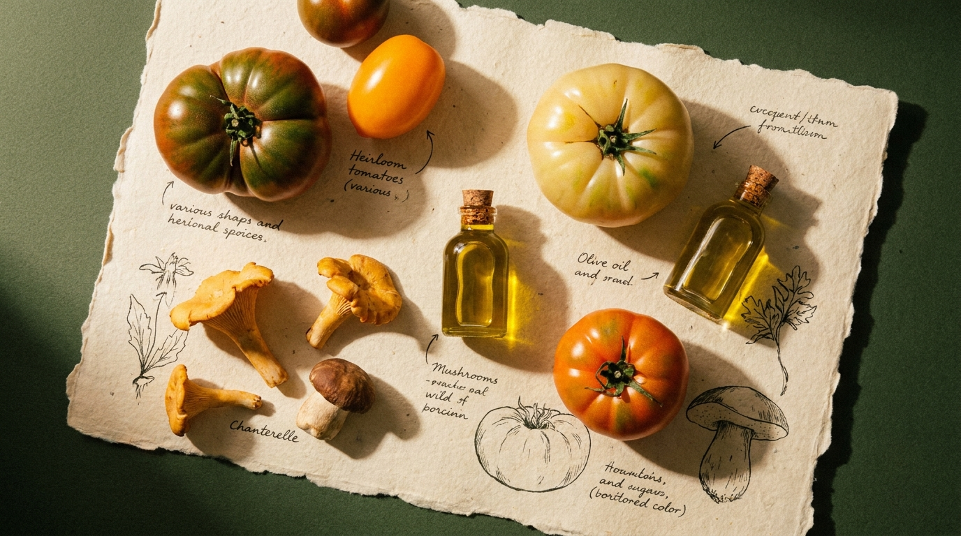 Field notes: heirloom tomatoes, chanterelles, olive oil on handmade paper